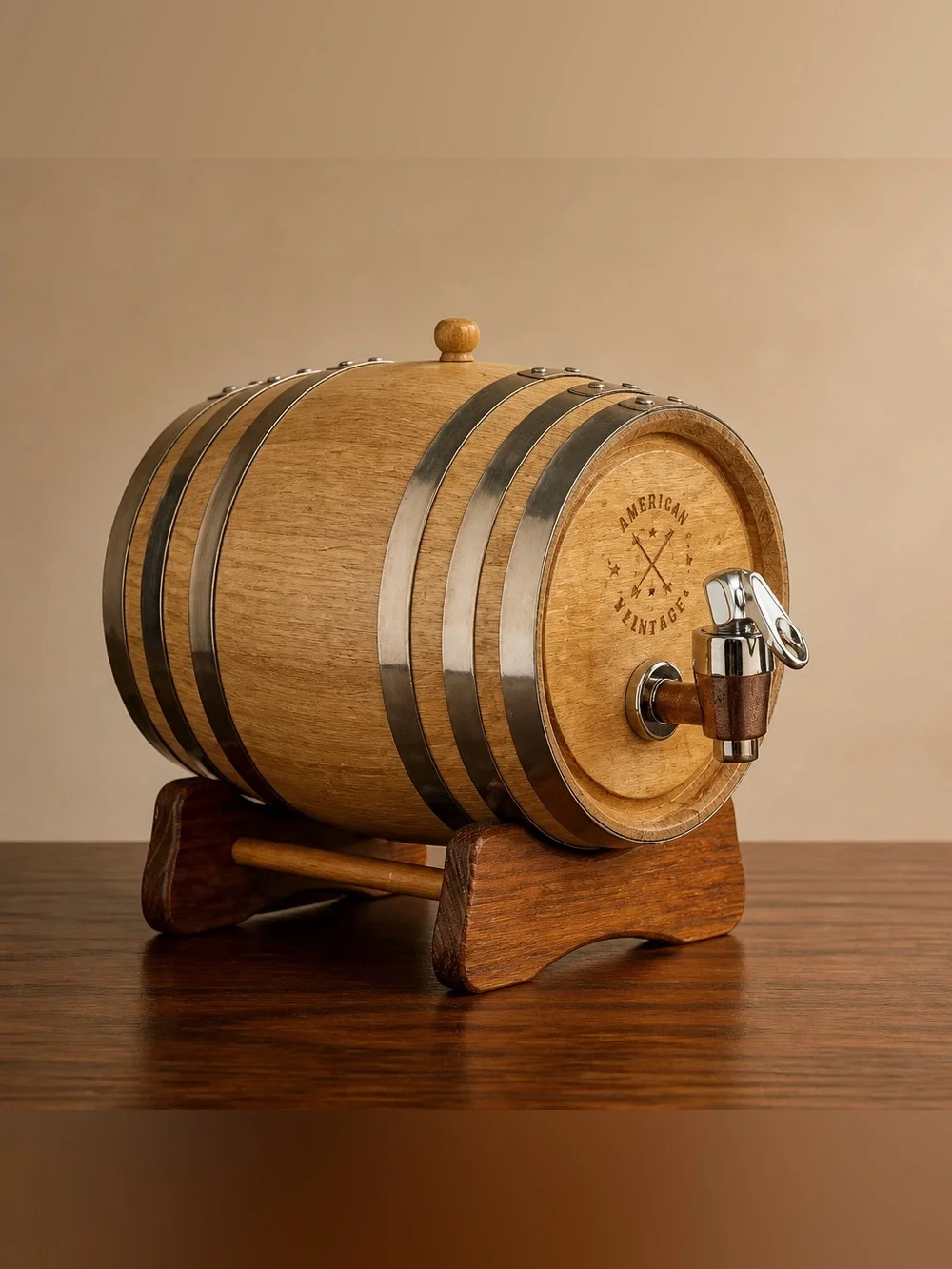American Vintage Style Wood Barrel Whiskey Dispenser NEW